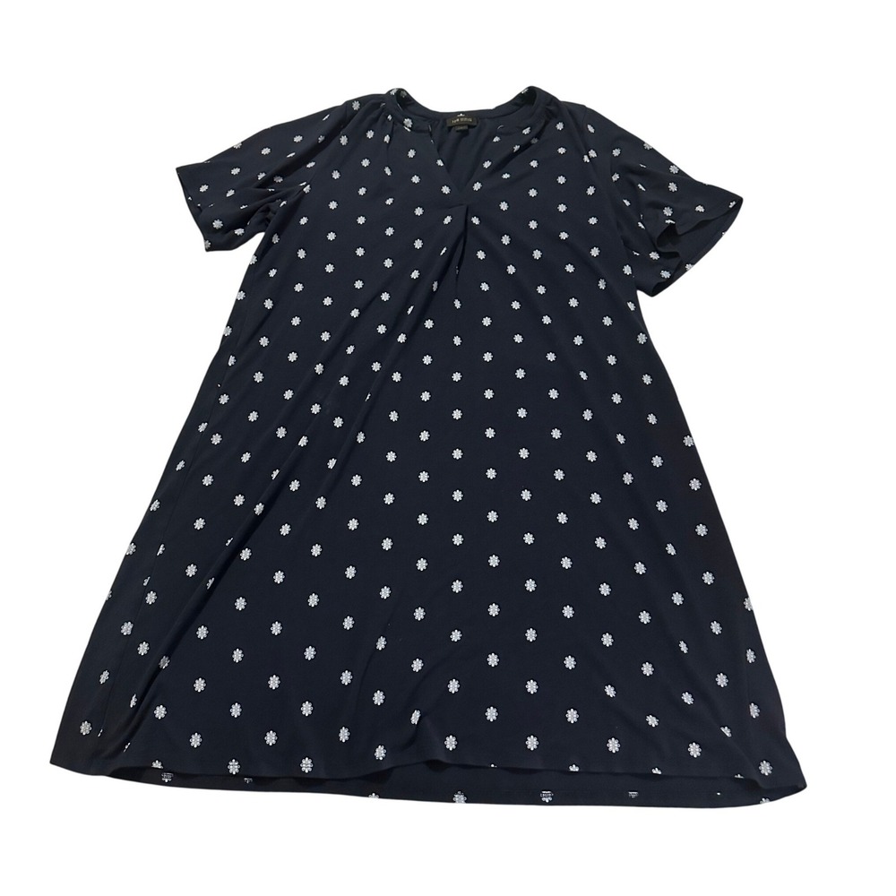 J. Jill Wearever Navy Blue Floral Daisy Knit Swing Dress Large Split V-Neck